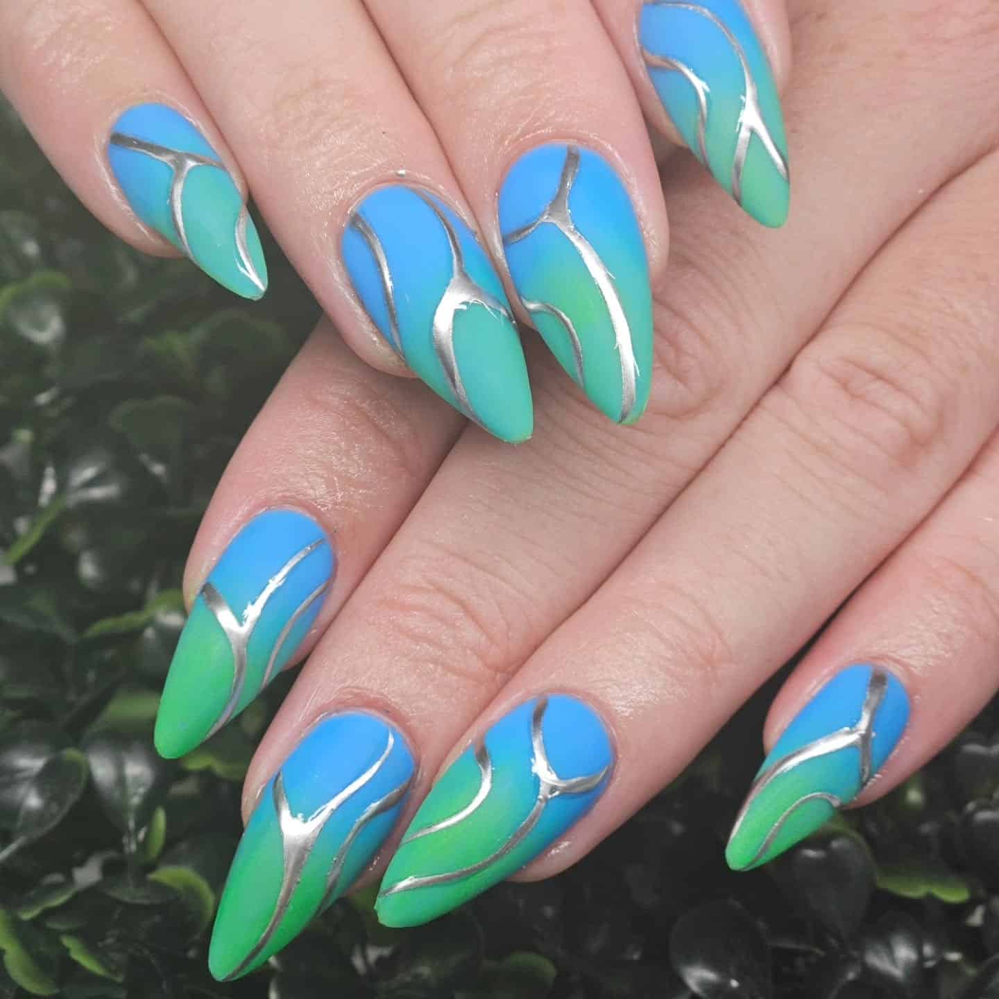 9. Metallic Edge Gradient Nails - blue and green nail ideas