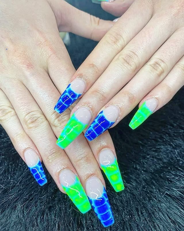 10. Neon Grid French Nails - blue and green nail ideas