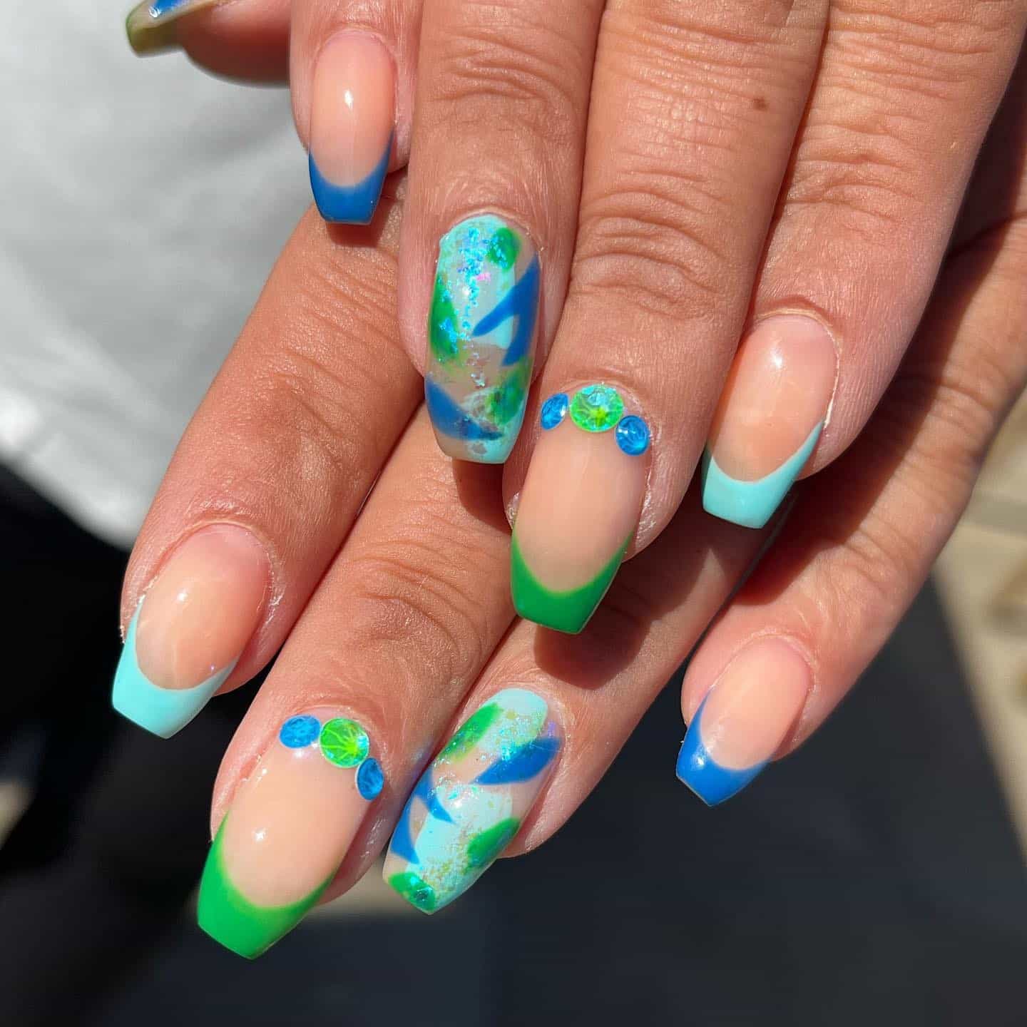 12. Jewel Accent French Nails - blue and green nail ideas