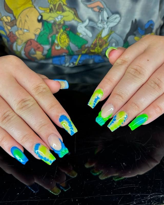 13. Neon Wave Coffin Nails - blue and green nail ideas