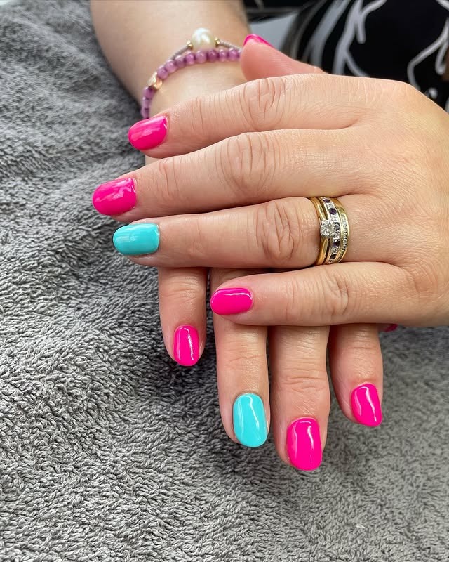 1. Bright Pink with Aqua Accent - blue and pink nail ideas