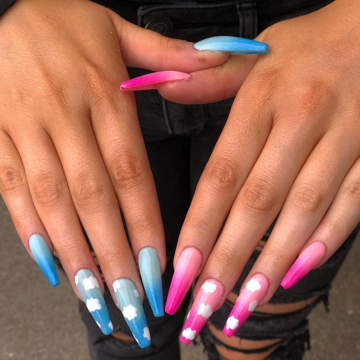 3. Sky & Sunset Gradient with Clouds - blue and pink nail ideas