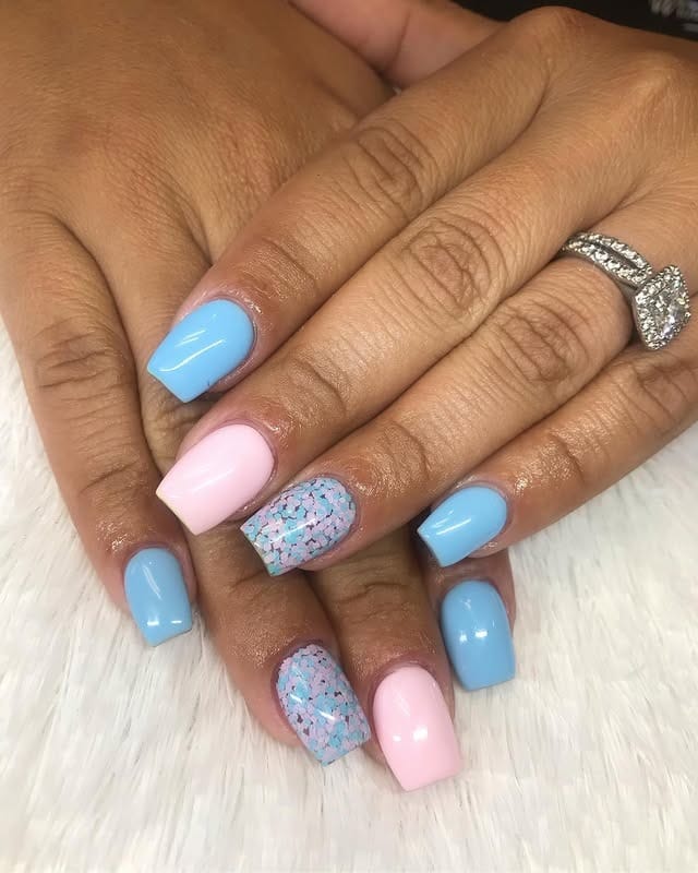 4. Pastel Blue and Pink with Glitter Accent - blue and pink nail ideas