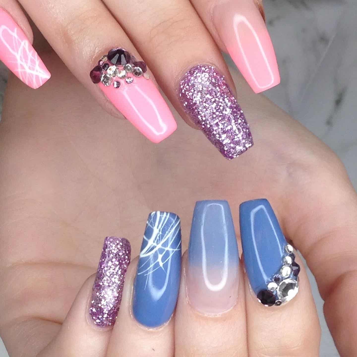 5. Glam Pink and Blue with Crystals - blue and pink nail ideas