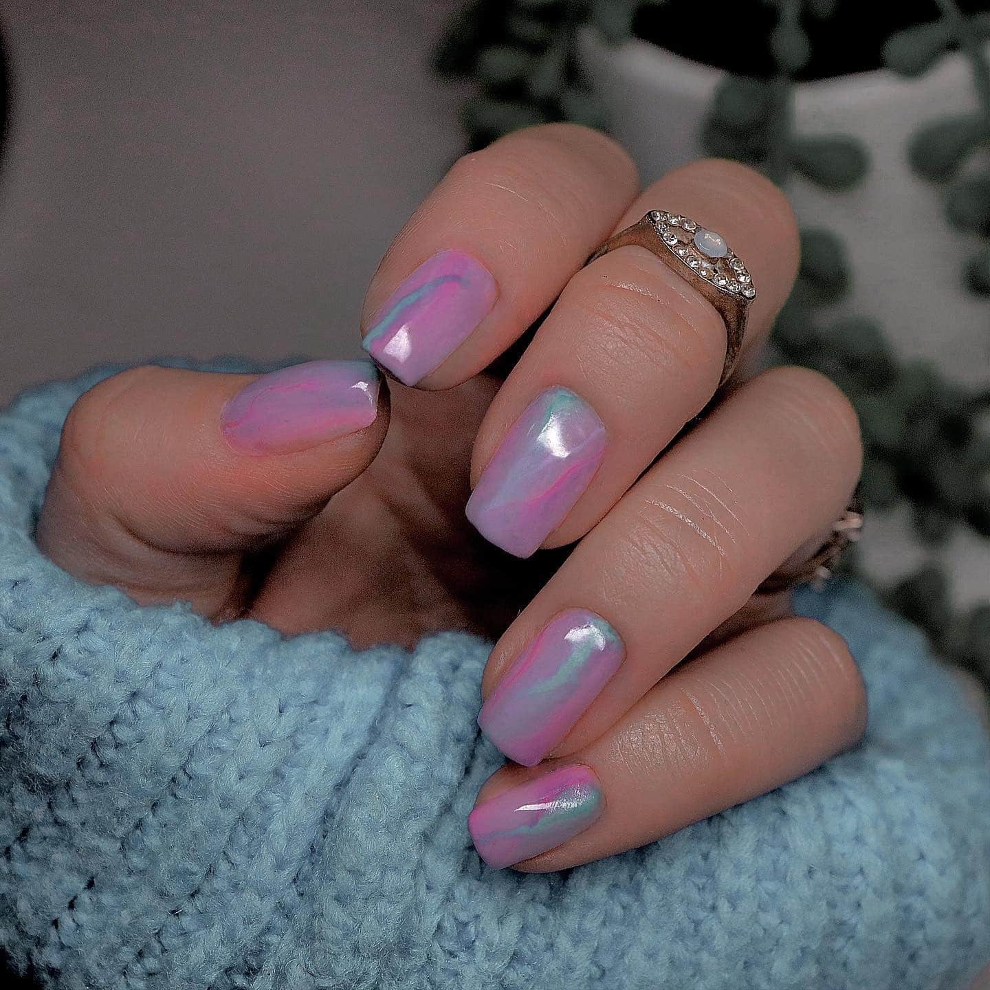 8. Iridescent Pink and Blue Chrome - blue and pink nail ideas