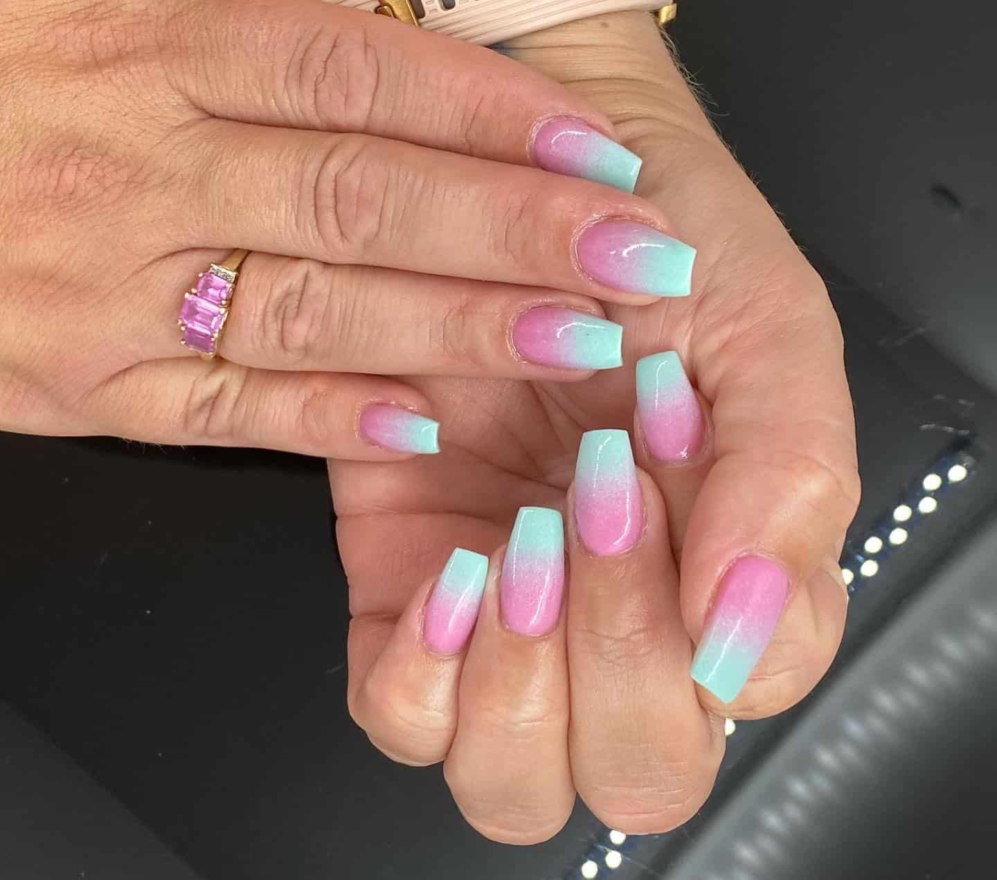 10. Pink and Mint Ombre Square Nails - blue and pink nail ideas