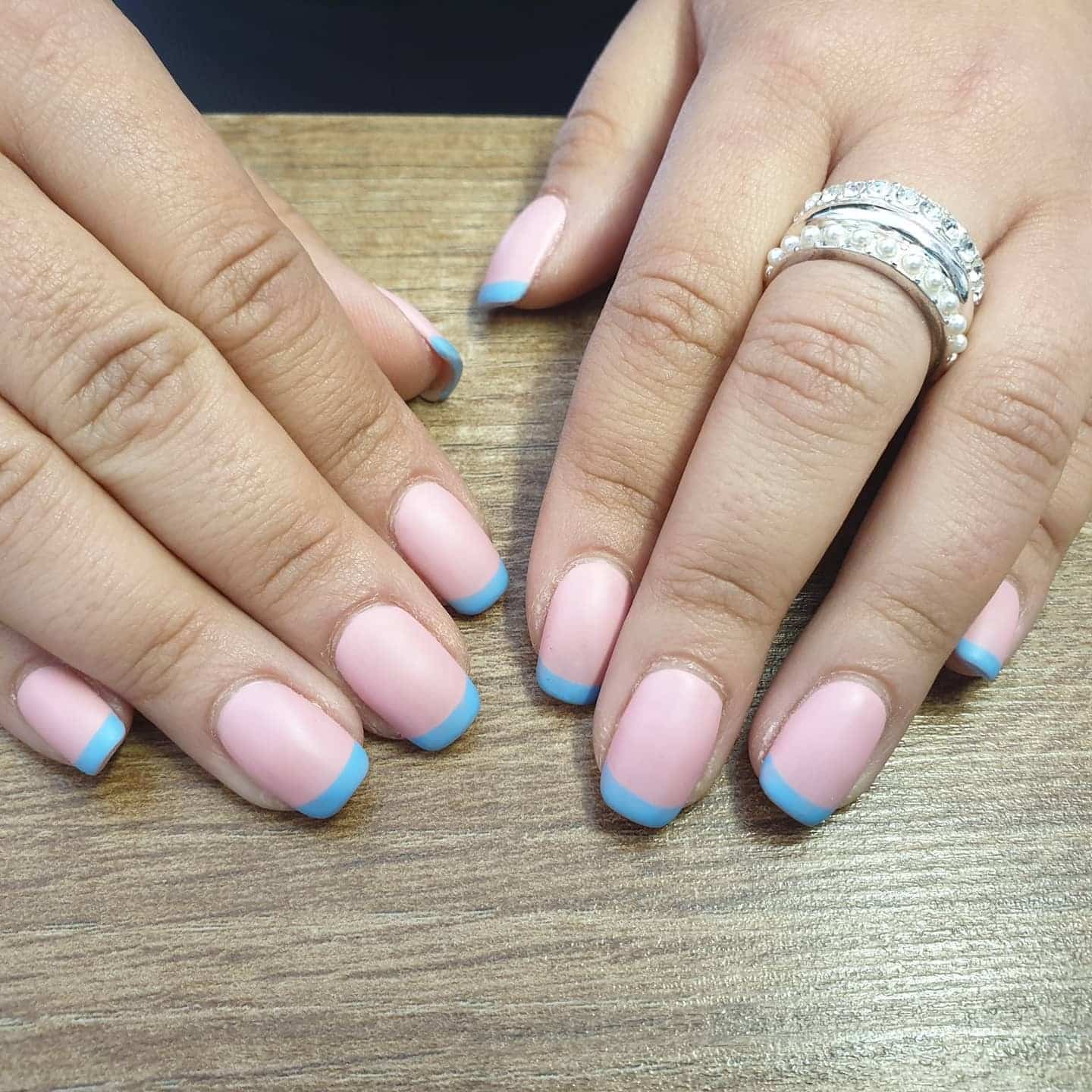 11. Pink Base with Blue French Tips - blue and pink nail ideas