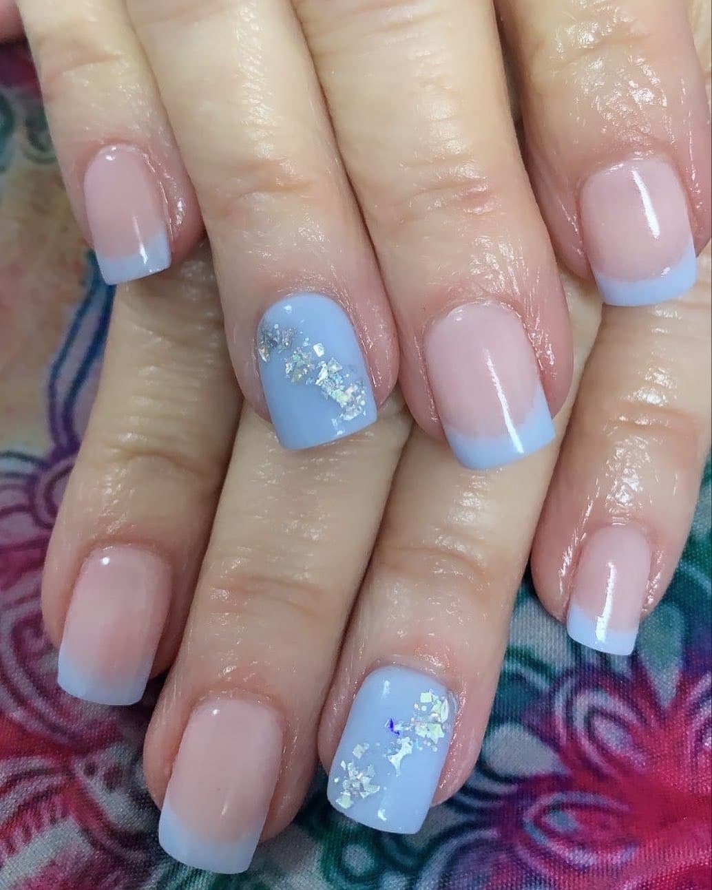 13. Soft Blue French with Glitter Accent - blue and pink nail ideas