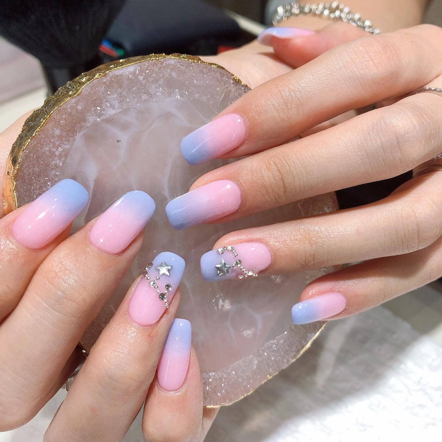 14. Ombre Pink and Blue with Star Accents - blue and pink nail ideas