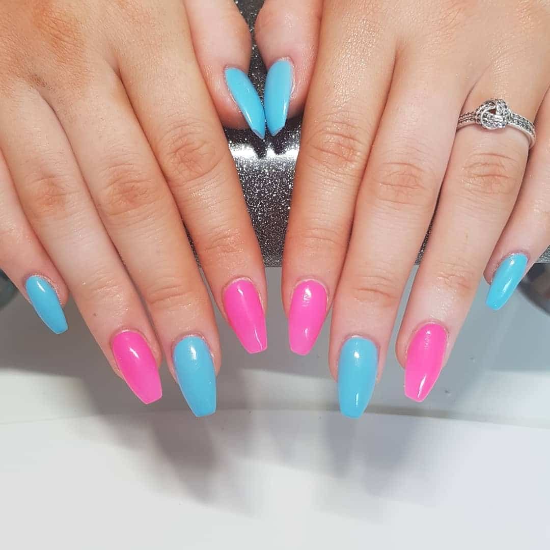 16. Split Pink and Blue Almond Nails - blue and pink nail ideas