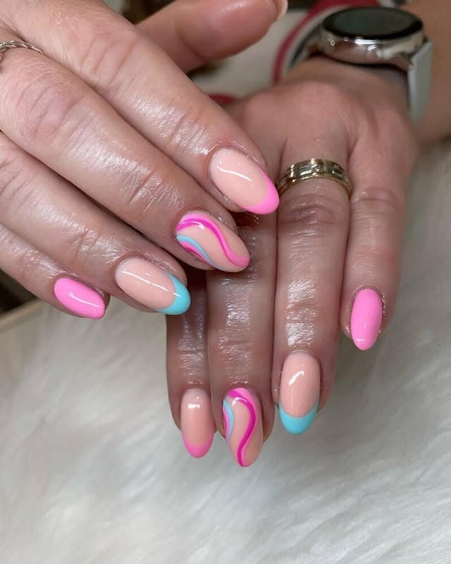 17. Swirled Pink and Blue French Tips - blue and pink nail ideas