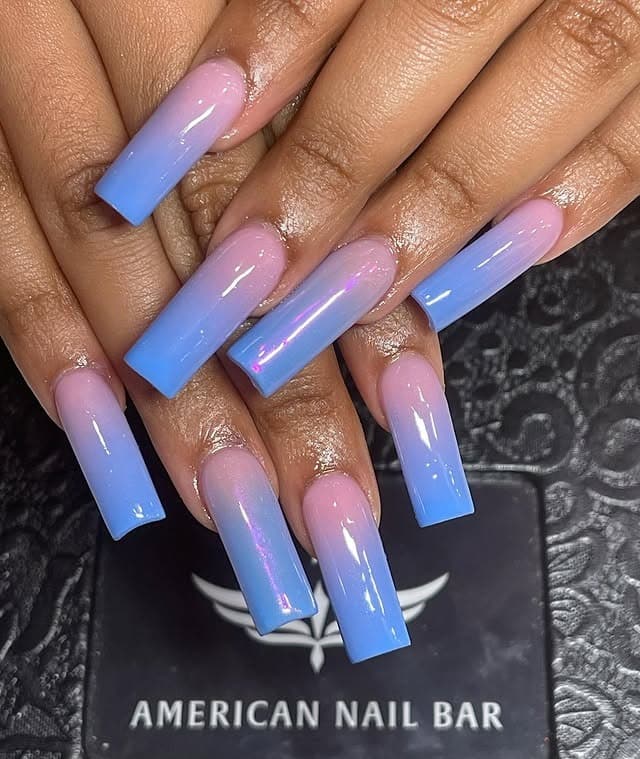 18. Long Ombre Square Nails in Pink and Blue - blue and pink nail ideas