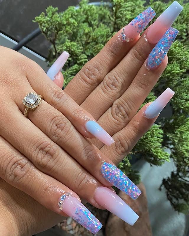 20. Glitter Ombre with Crystals - blue and pink nail ideas
