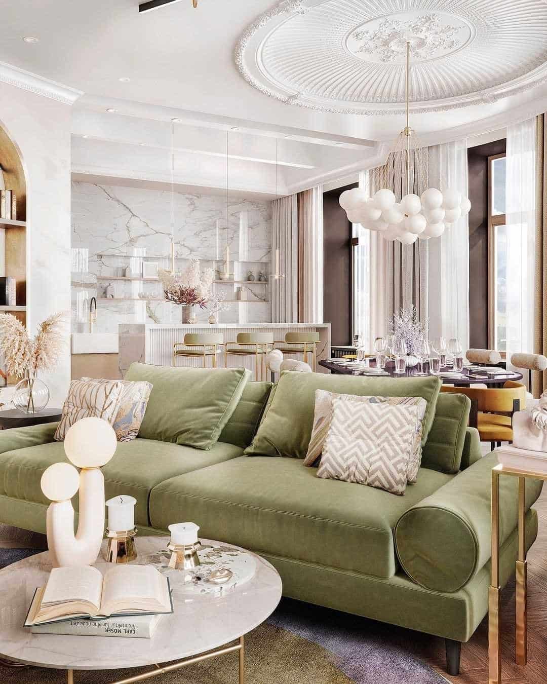 1. Modern Elegance with Soft Green and Gold Accents - white and gold living room ideas