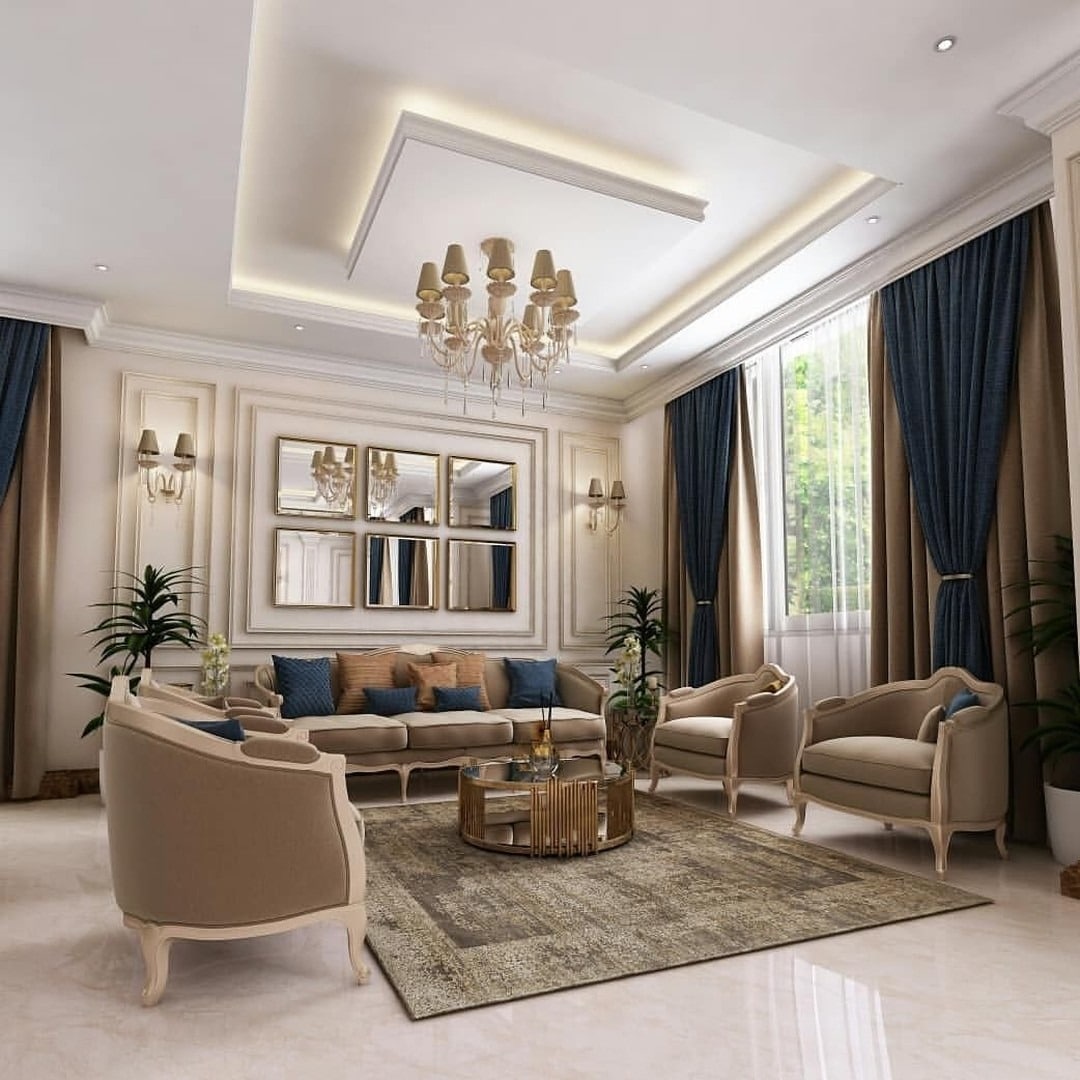 3. Classic Sophistication with Navy and Gold Touches - white and gold living room ideas