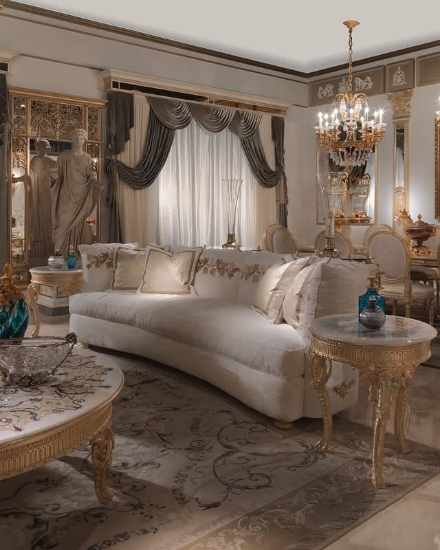 5. Opulent Traditional with Gilded Detailing - white and gold living room ideas