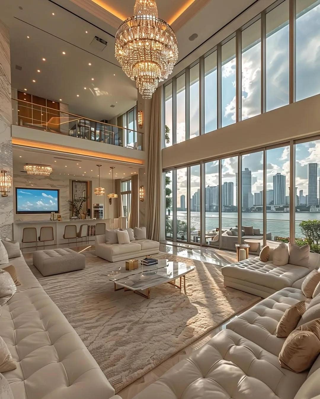 12. Grand Luxe with Floor-to-Ceiling Windows - white and gold living room ideas