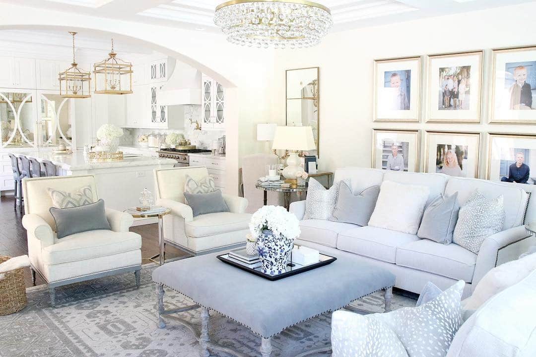 18. Transitional White and Silver with Gold Touches - white and gold living room ideas