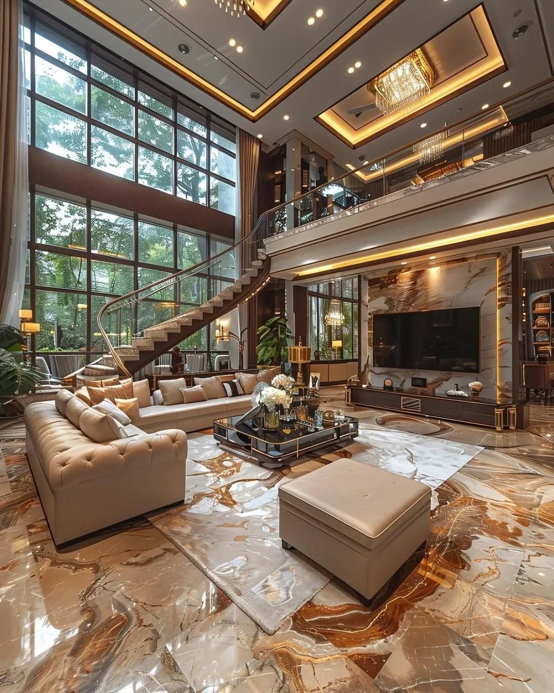 21. Luxe Double-Height Living with Marble and Gold - white and gold living room ideas