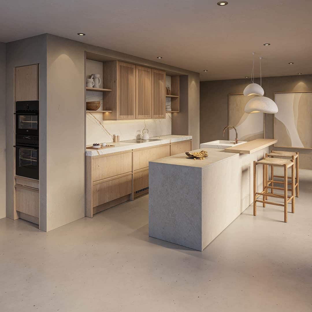 2. Minimalist Beige and Stone Elegance - earth tones kitchen ideas