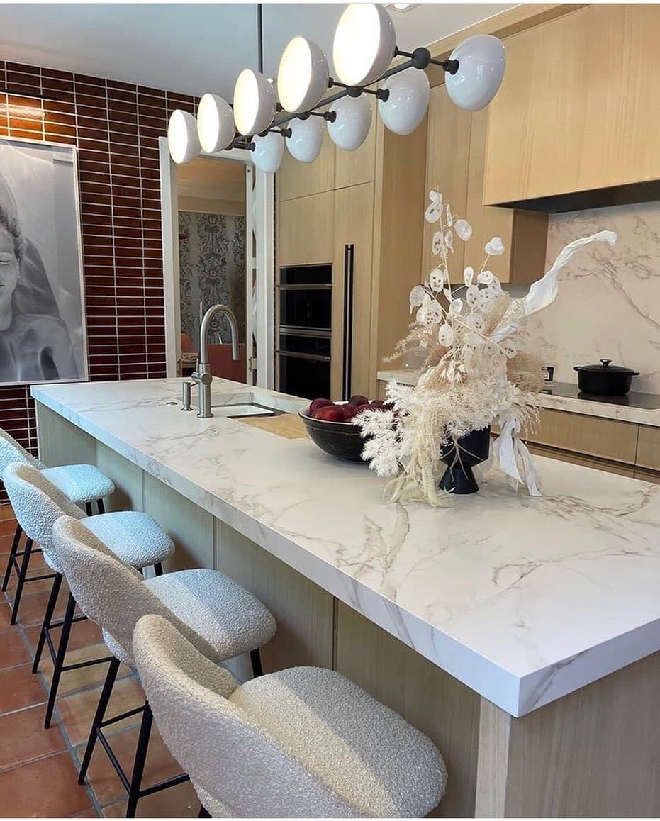 9. Contemporary Light Wood with Marble Island - earth tones kitchen ideas