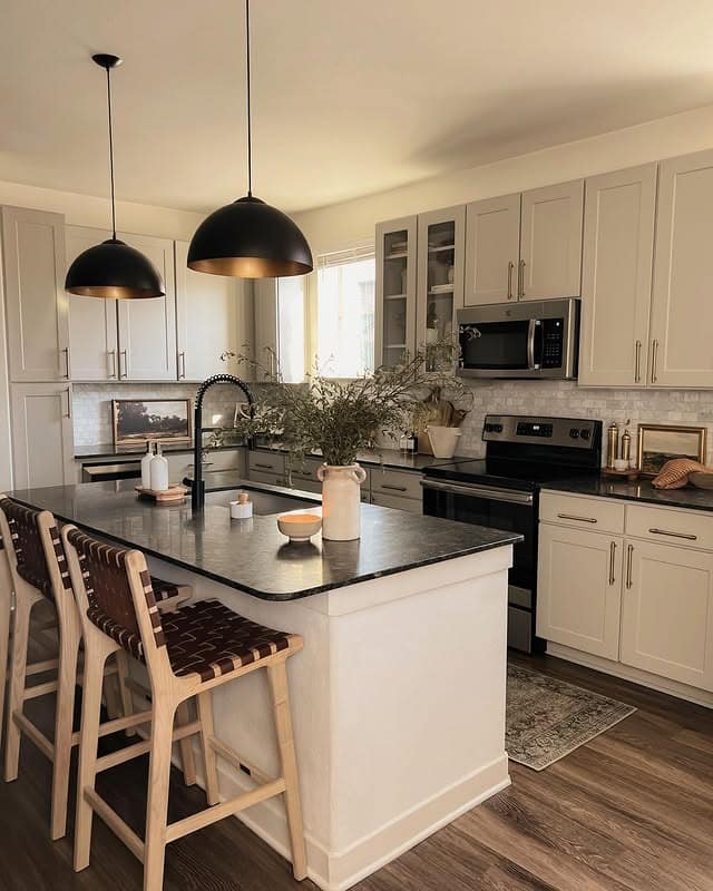 15. Modern Contrast with Black Accents - earth tones kitchen ideas