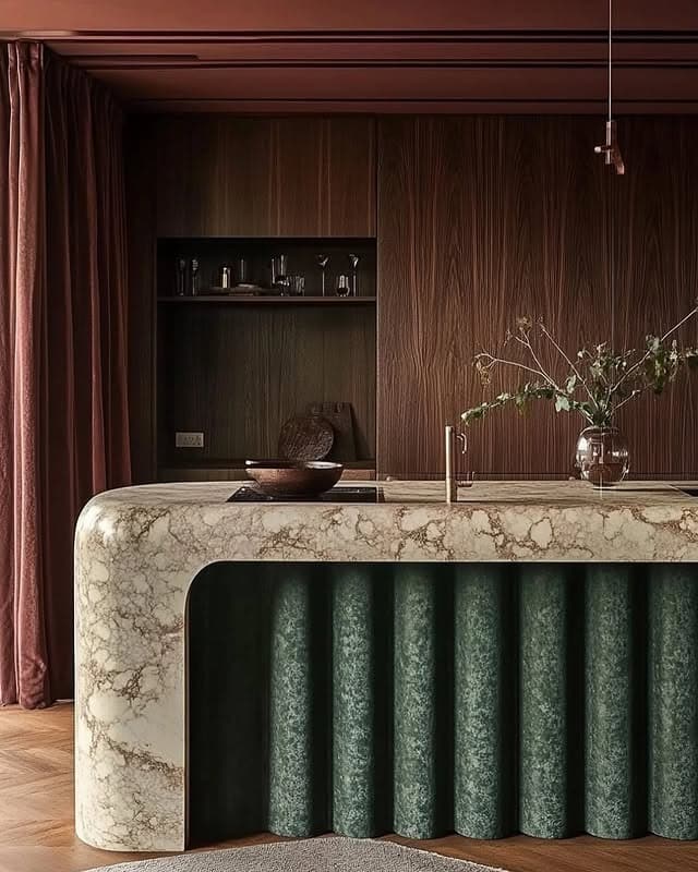 20. Deep Earth with Marble Statement Island - earth tones kitchen ideas