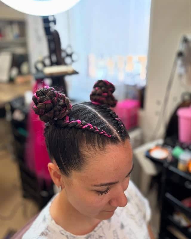 7. Braided Space Buns with Color Pop - Braided Hairstyles