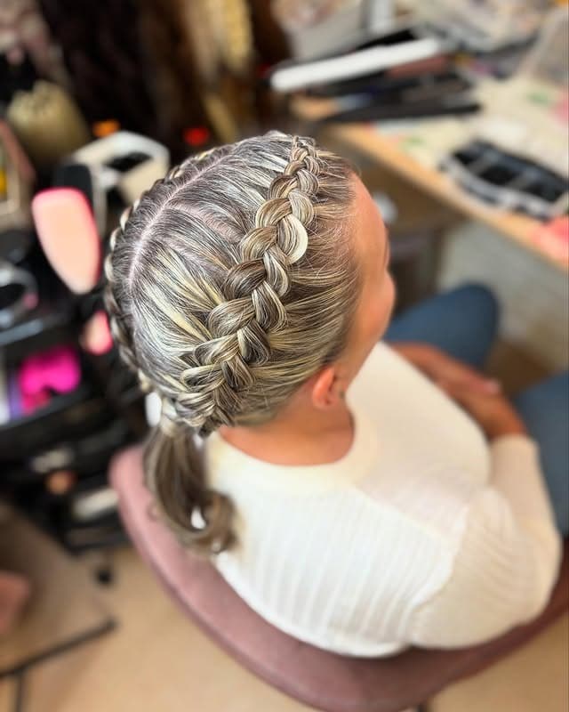 11. Crown Braid with Sleek Ponytail on Ash Blonde Hair - Braided Hairstyles