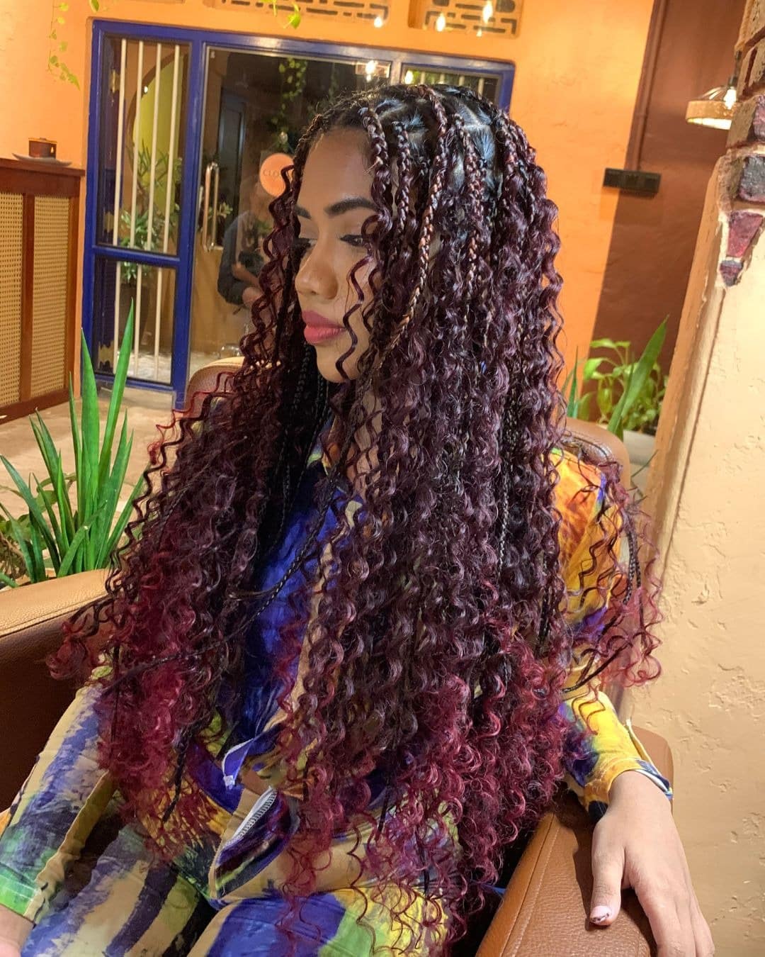 15. Boho-Inspired Braided and Curly Mix on Burgundy Ombre Hair - Braided Hairstyles
