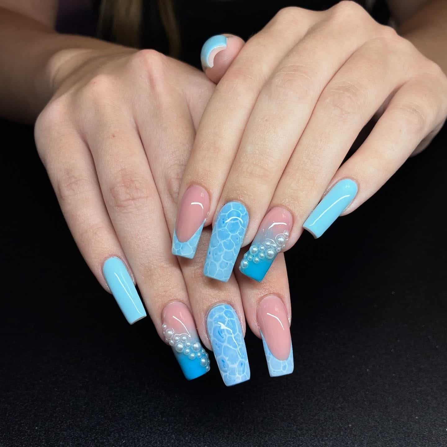 3. Ocean-Inspired Pearl Coffin Nails - blue coffin nail ideas