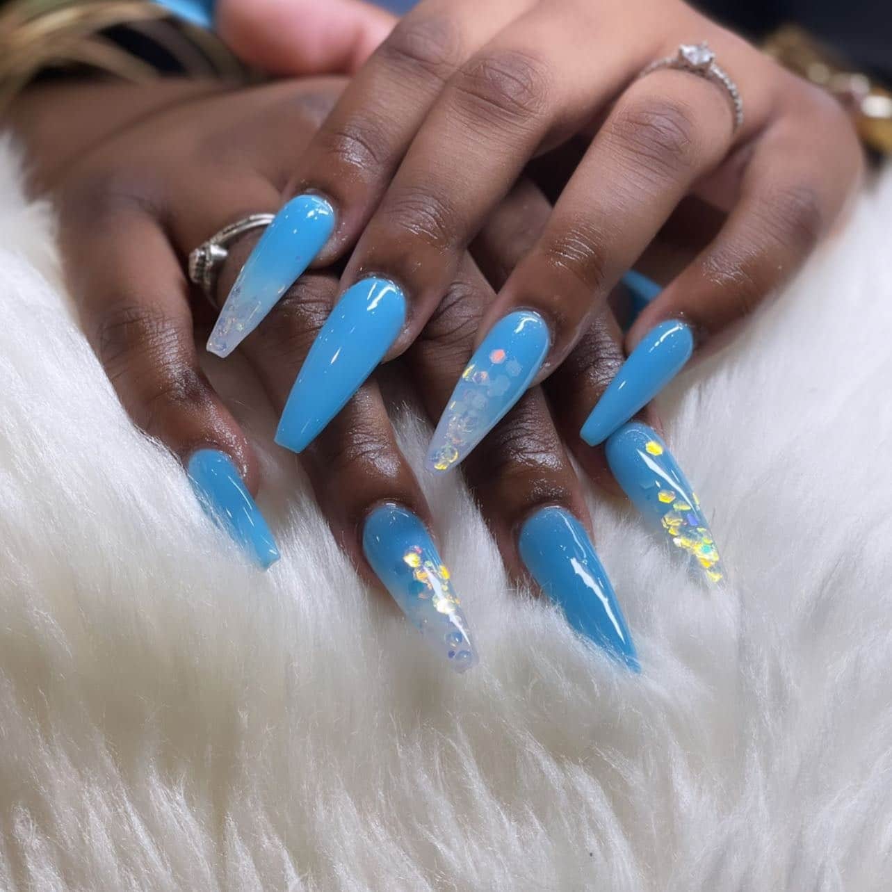 5. Aqua Coffin Nails with Iridescent Accents - blue coffin nail ideas
