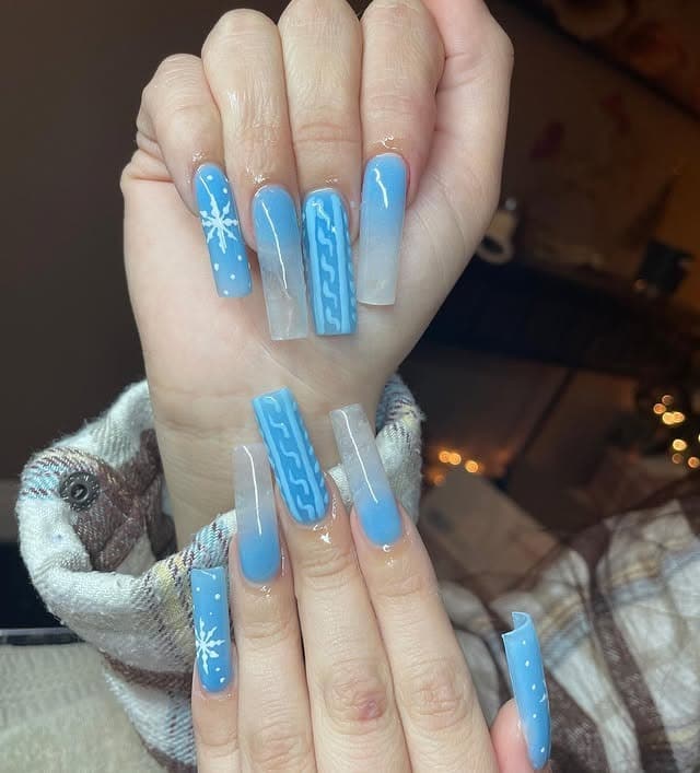16. Winter Snowflake Coffin Nails - blue coffin nail ideas