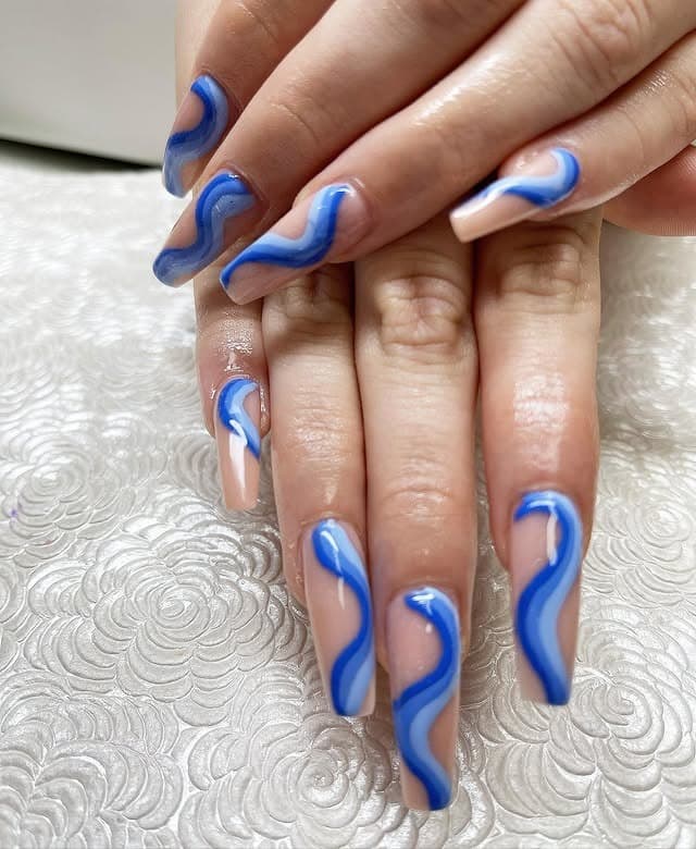 18. Blue Wave Coffin Nails - blue coffin nail ideas