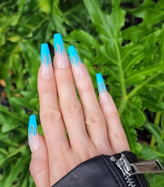 21. Neon Blue Flame Coffin Nails - blue coffin nail ideas