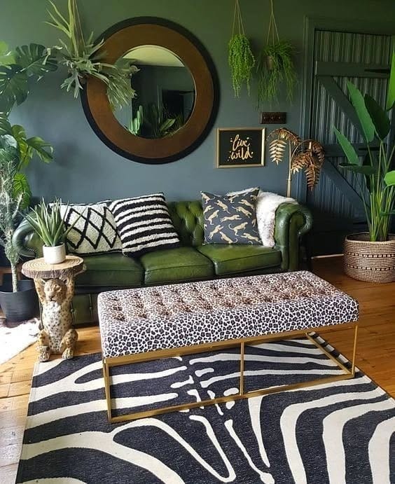 2. Eclectic Green with Bold Patterns - living room ideas with indoor plants