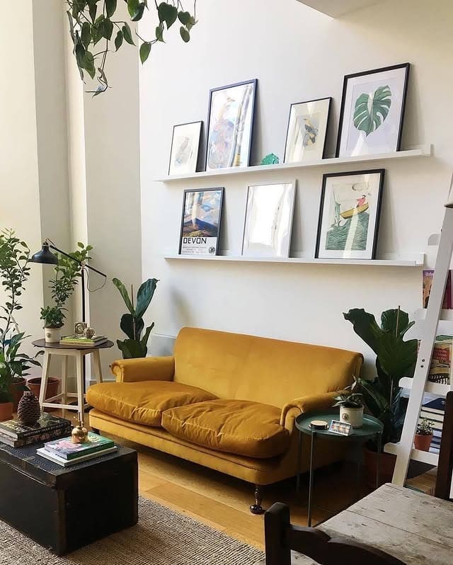 5. Playful Mustard Modern - living room ideas with indoor plants