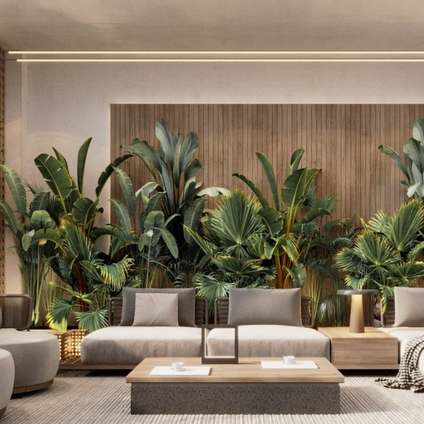 6. Tropical Luxe with Natural Neutrals - living room ideas with indoor plants
