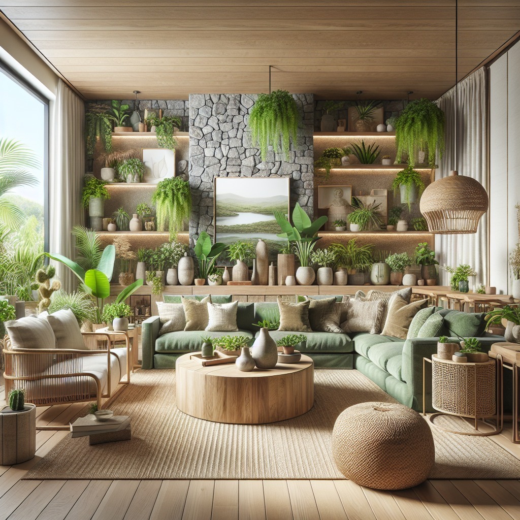 11. Stone Accent with Green Layers - living room ideas with indoor plants