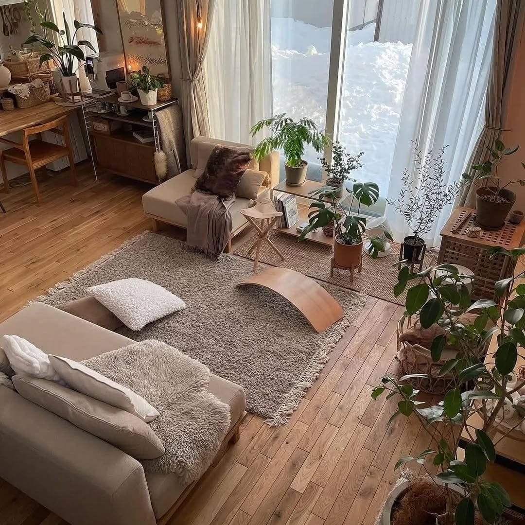 14. Cozy Neutrals with Warm Woods - living room ideas with indoor plants