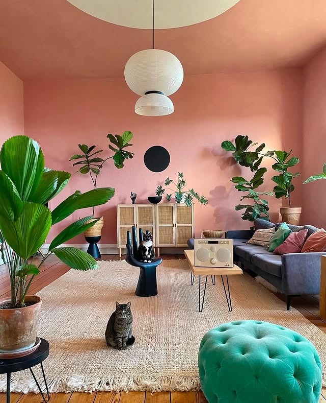 20. Playful Color with Tropical Edge - living room ideas with indoor plants