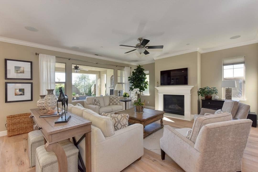 18. Transitional Comfort with Warm Undertones - light living room ideas