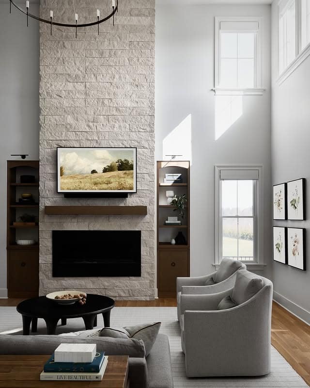 21. Modern Stone Statement with Neutral Comfort - light living room ideas