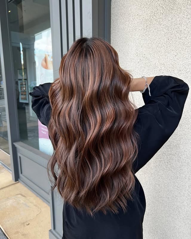 21. Rich Chocolate Balayage Waves - Warm Brown Hair Color