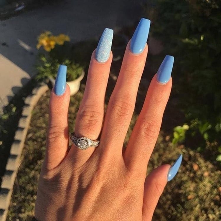17. Sky Blue Coffin Nails - blue glitter nail ideas