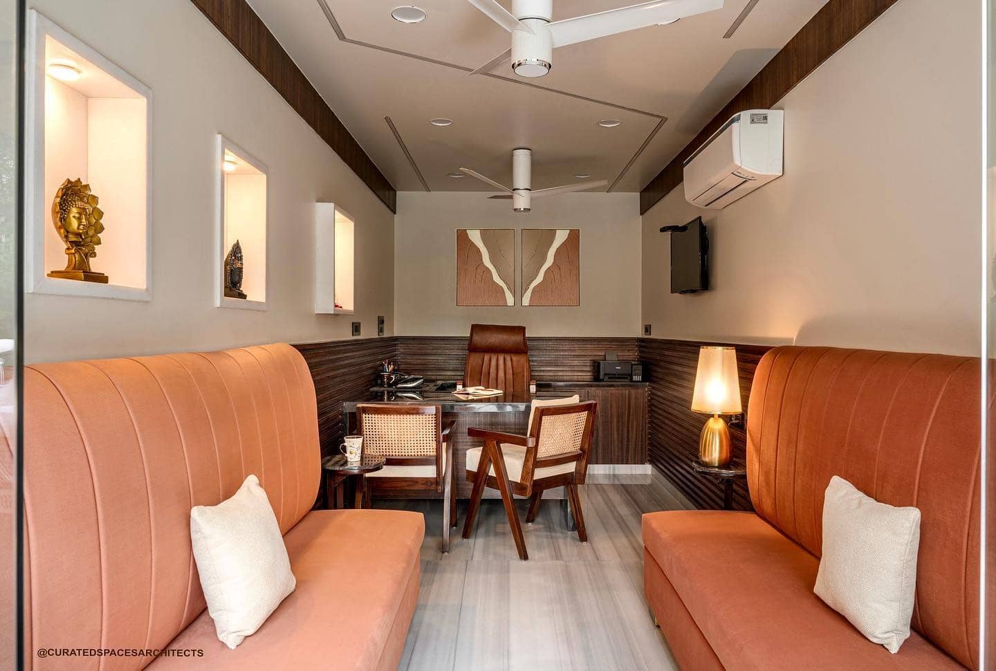 3. Executive Modernism with Warm Neutral Palette - vintage office ideas