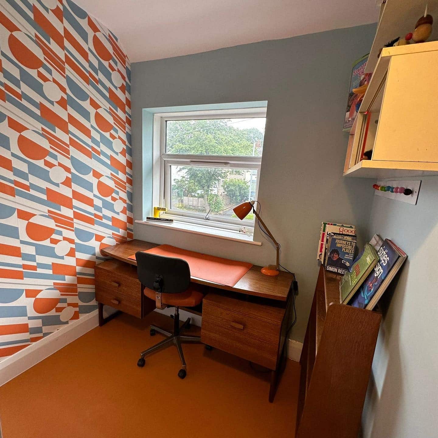 7. Playful Retro Study in Orange and Blue - vintage office ideas