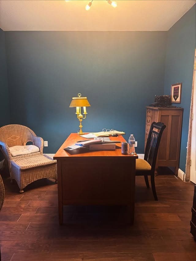 11. Classic Study with Teal Walls and Warm Woods - vintage office ideas