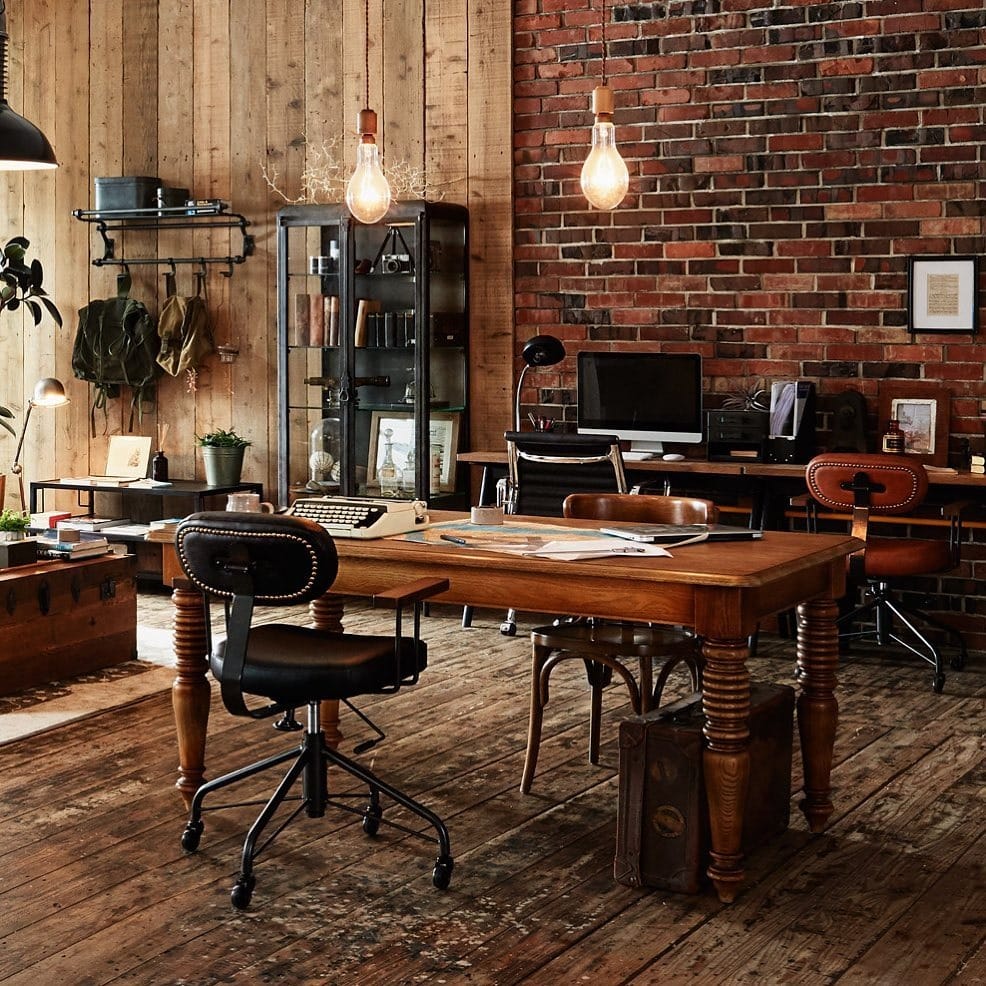 14. Industrial Loft Office with Rustic Wood and Leather - vintage office ideas