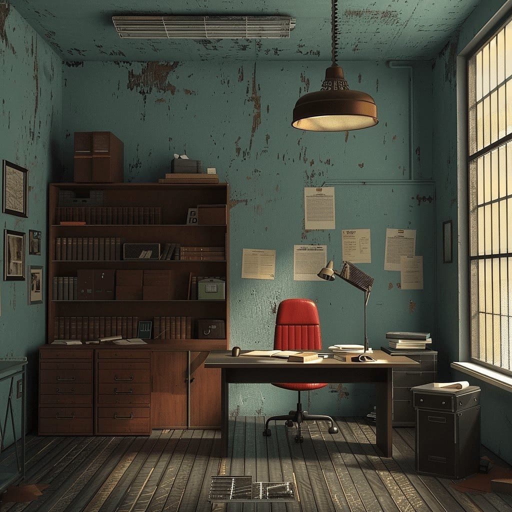 15. Timeworn Industrial Office in Blue and Red - vintage office ideas